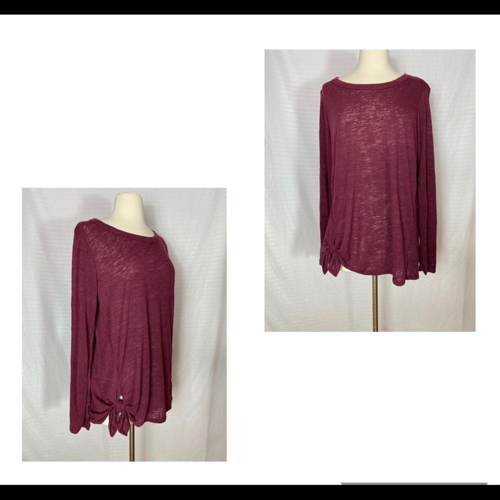 Bobeau Tie Front Long Sleeve Top XL Burgundy Red